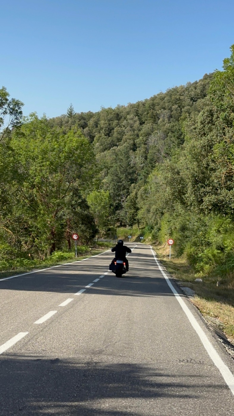 A rider seen from behind on a quiet road through the Montseny forest